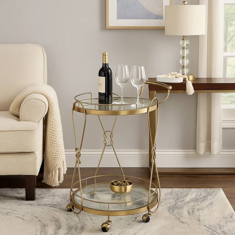 Serving Cart with 2 Glass Shelves and Caster Support, Gold and Clear