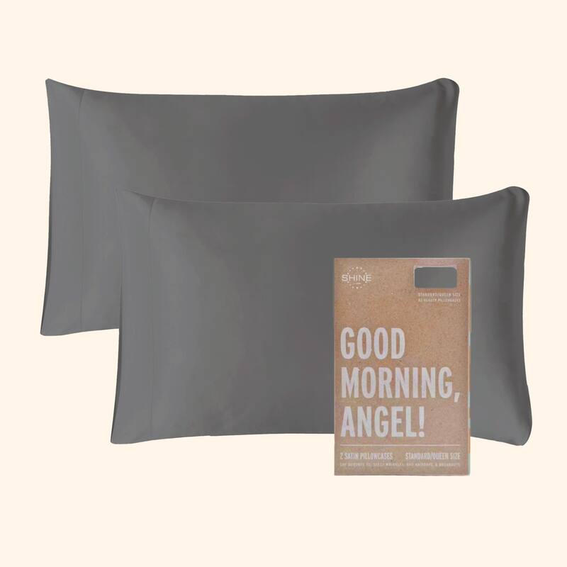 SHINE Good Morning Angel Satin Pillowcase 2-Piece Set to Elevate Your Back-to-School Dorm Style - Gunmetal - Standard