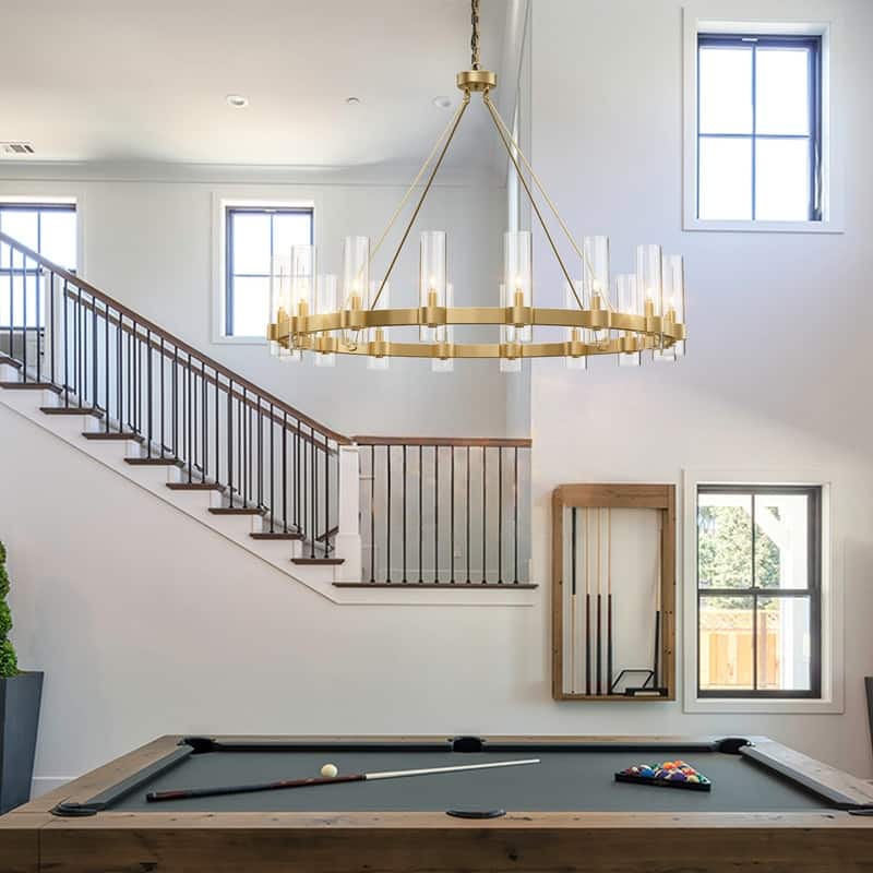 KAYLA 48" 16-Light Gold Chandelier, Wagon Wheel Chandelier with Glass Shade, Modern Farmhouse Chandelier - 48in