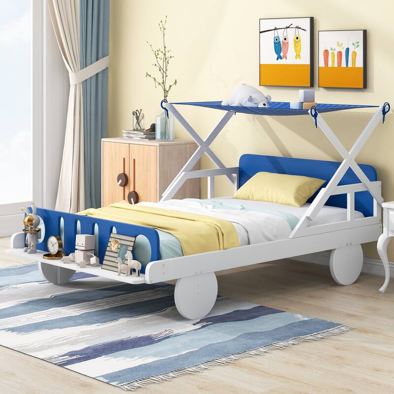 Wood Twin Size Car Bed with Ceiling Cloth Sturdy Wood Frame