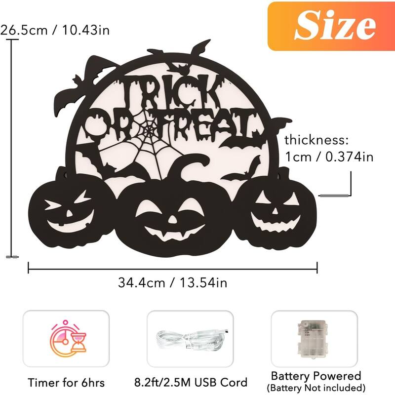 2D LED Pumpkin & Bat Motif Light, 14" Battery/USB-Powered Halloween Silhouette