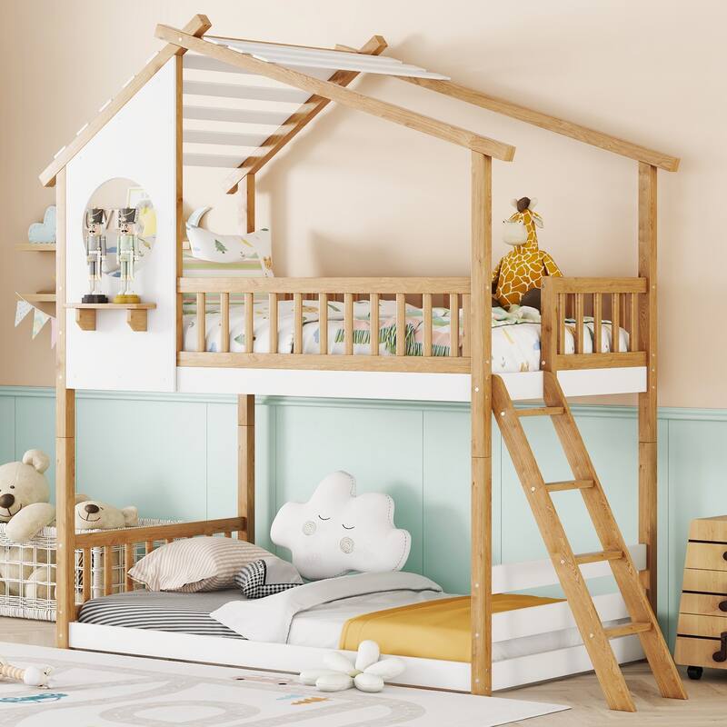 Twin Size House Bunk Bed with Ladder, Wooden Kids Playhouse Bunk Bed Frame with Roof and Window, Solid Pine Floor Bunk Bed Frame
