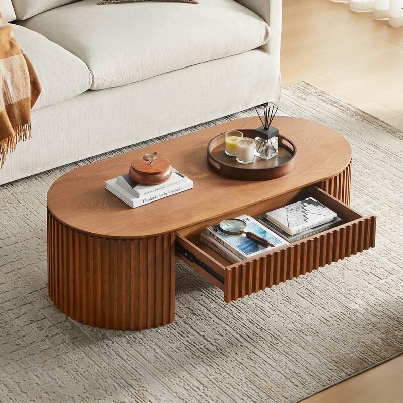51.18" Oval Wood Coffee Table with Drawer, Mid-Century Modern Tea Table, Handcrafted Relief Center Table