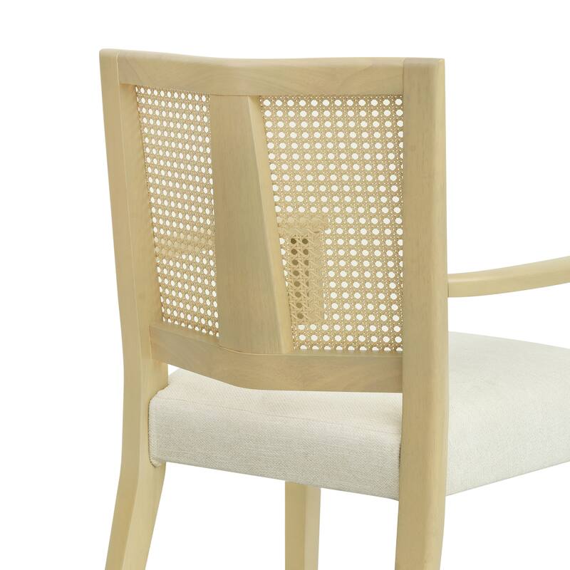 Set of 2 Modern Wooden Arm Dining Chairs with Rattan Backrest, Upholstered Fabric Seat, Rubberwood Frame