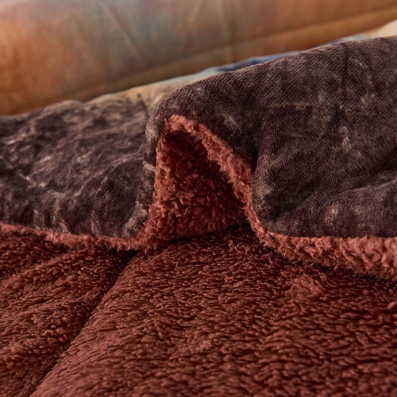 3-Piece Floral Printed Sherpa-Backing Reversible Comforter Set