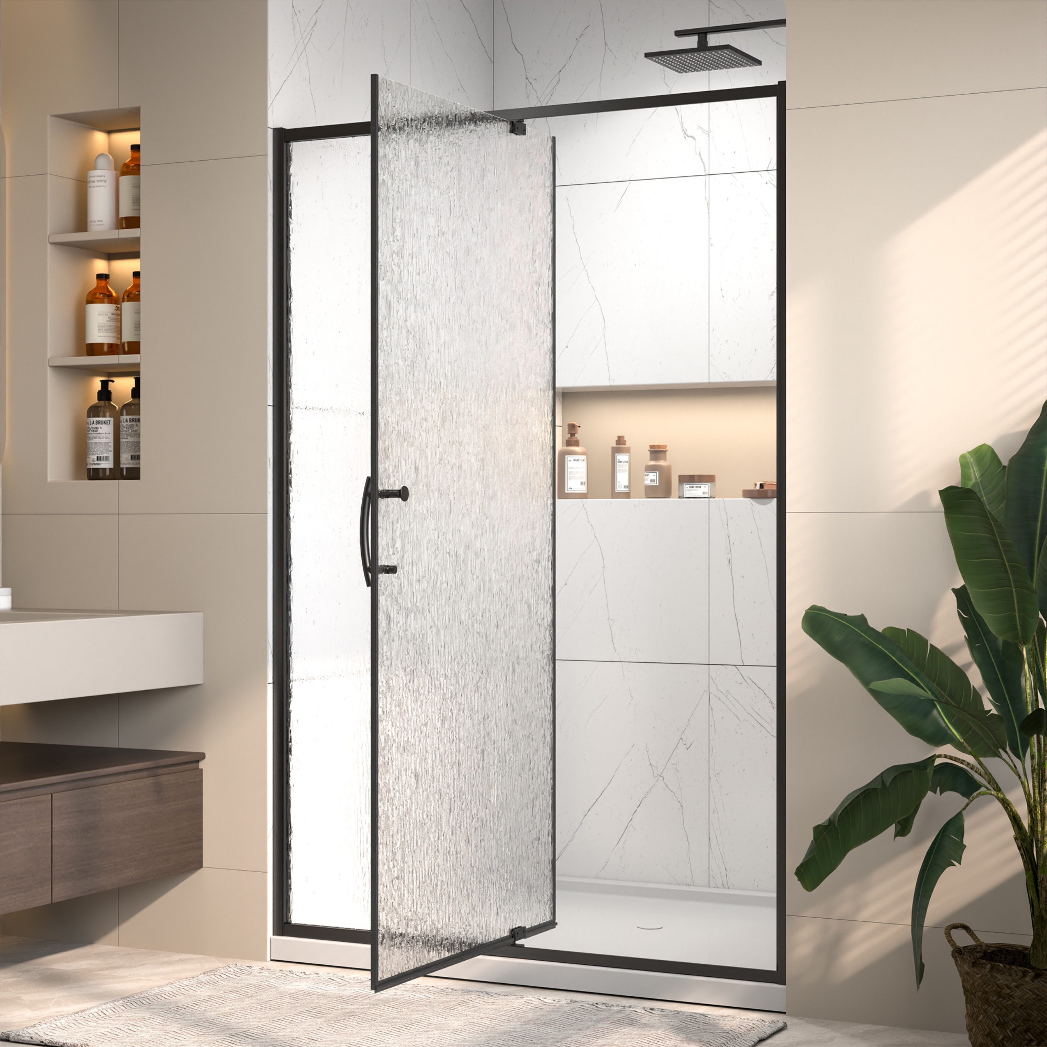 42'' / 48''W x 71''H Auto-Rise Pivot Shower Door - Rain Pattern 6mm Glass, 4" Adjustable, Space-Saving Frame