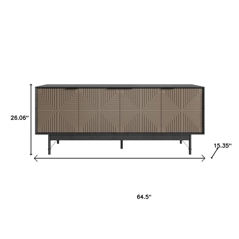 HomeRoots 65" Beige And Black Wood Carved Geo Texture Enclosed Storage TV Stand - 64.50 in. x 26.06 in. x 15.35 in.