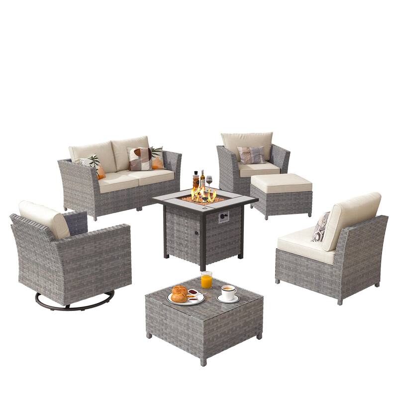 XIZZI 8-piece Outdoor Furniture Wicker Sofa Set with Fire Pit