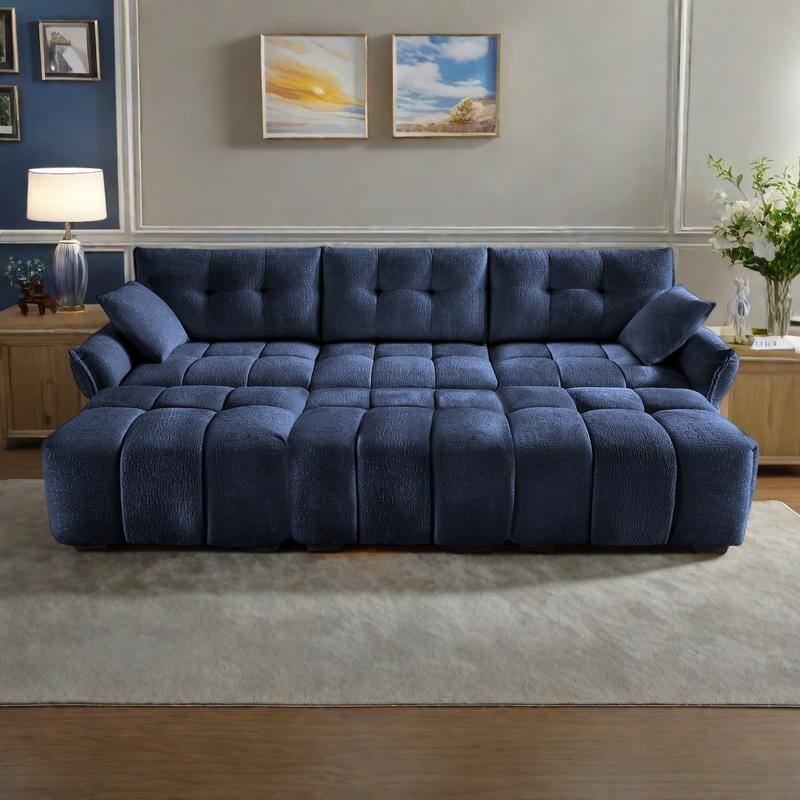 110.2" Chenille 3-Seater Sofa Set with 3 Ottomans and Pillows, Solid Wood Frame and High-Resilience Cushions - Blue
