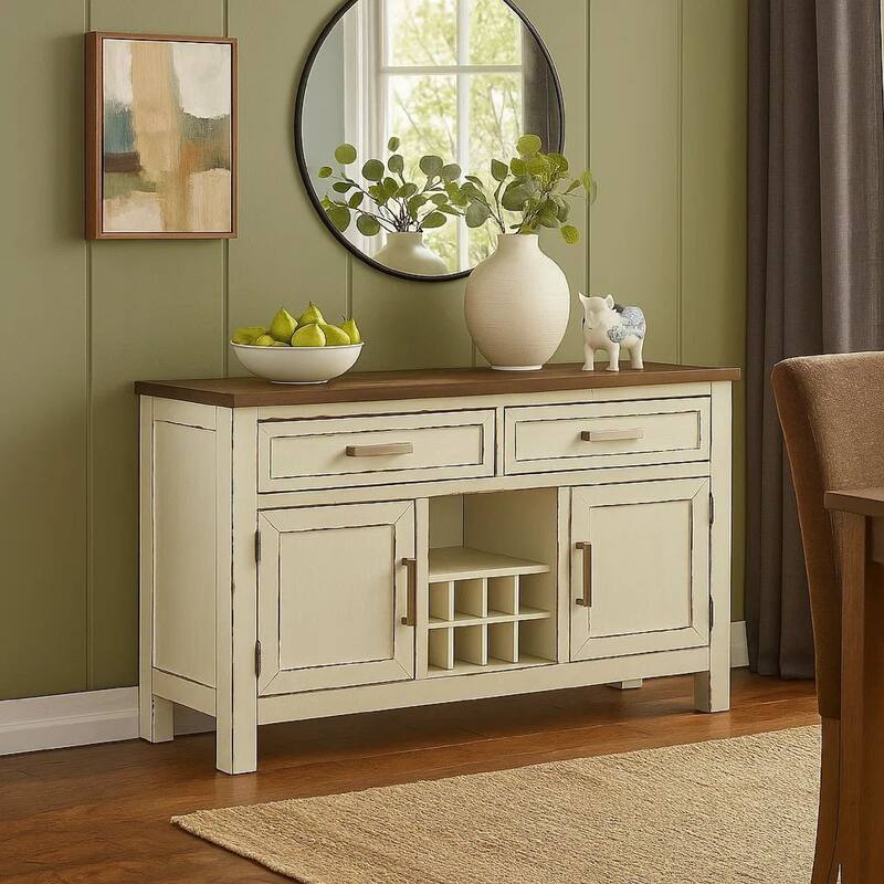 Ben 54 Inch Buffet Server, Brown Top, 2 Drawers, Wine Rack, Weathered White