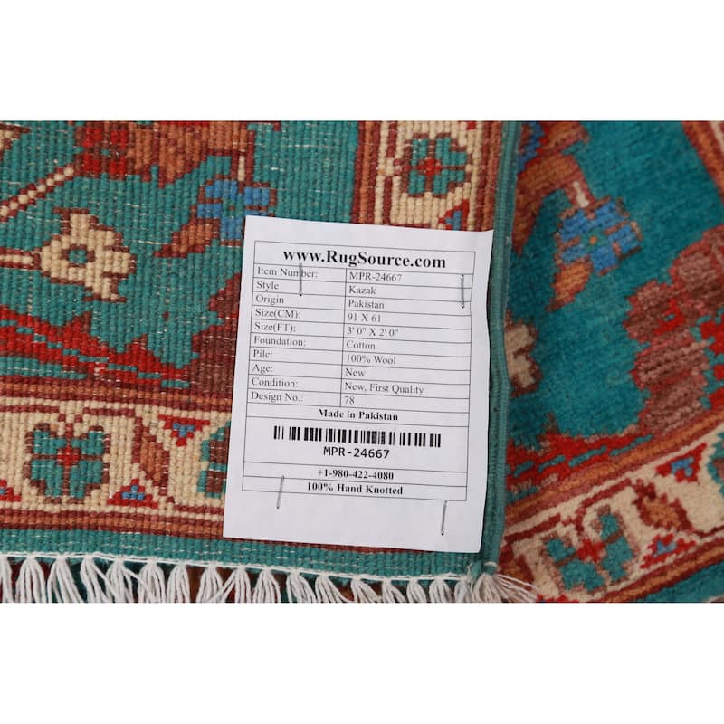 Traditional Kazak Oriental Foyer Rug Hand-Knotted Floral Wool Carpet - 2'0"x 3'0"