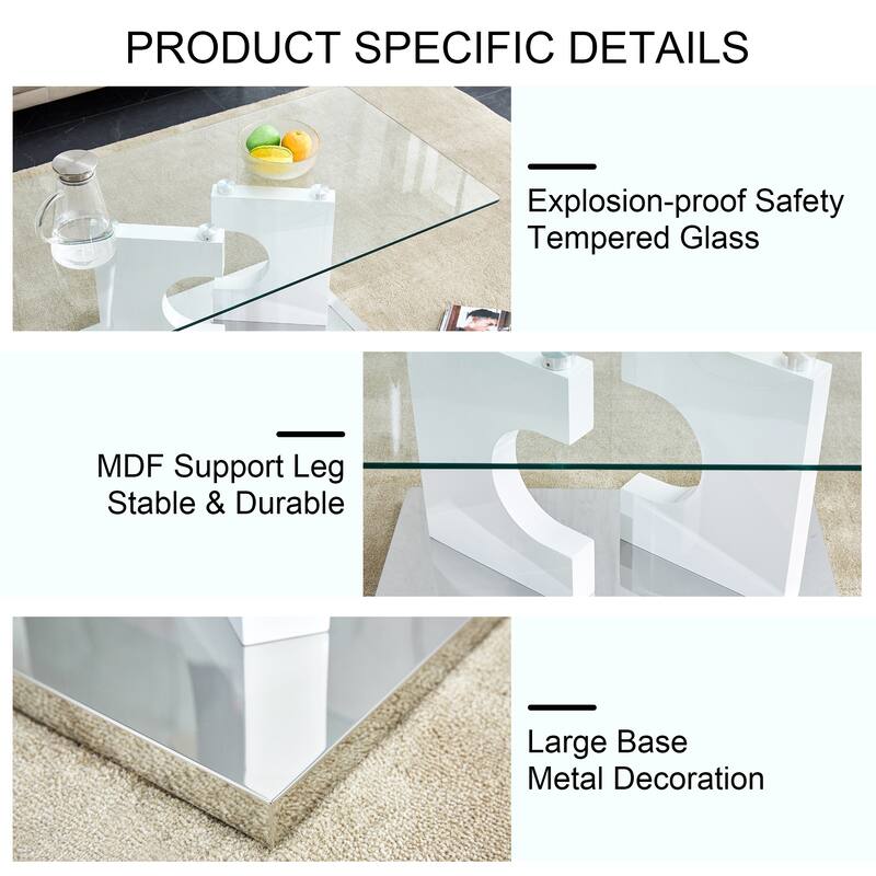 47.2" Modern Rectangular Coffee Table with Tempered Glass Tabletop and MDF Legs
