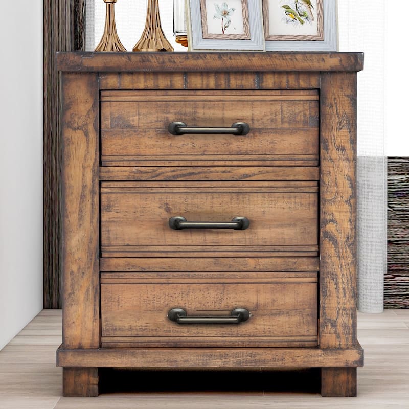 Rustic Three Drawer Reclaimed Solid Wood Framhouse Nightstand,Natural