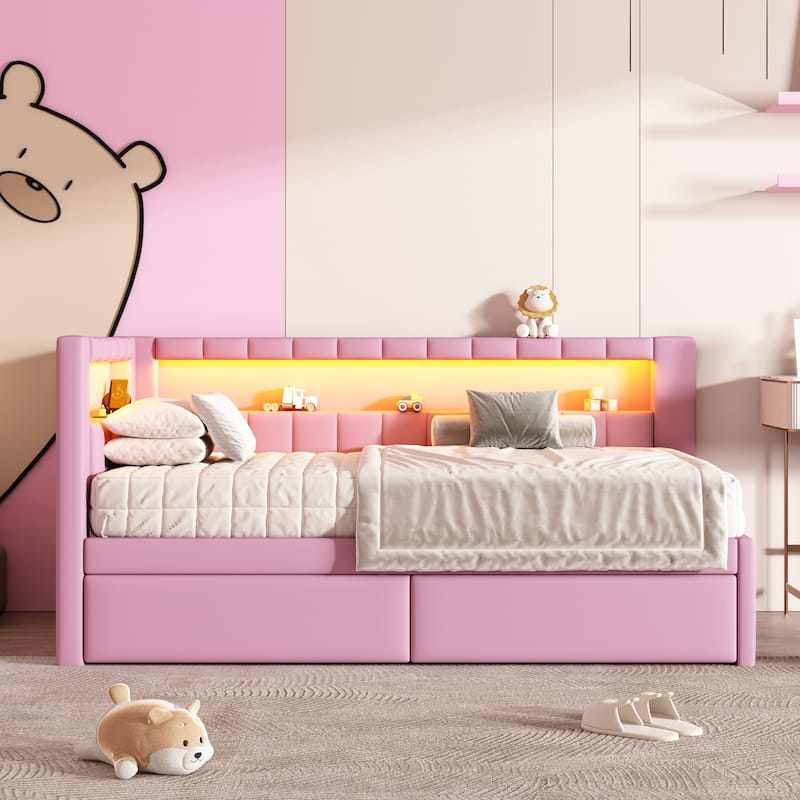 Upholstered Twin Size Platform Bed with USB Ports, LED Belt & 2 Drawers, Pink