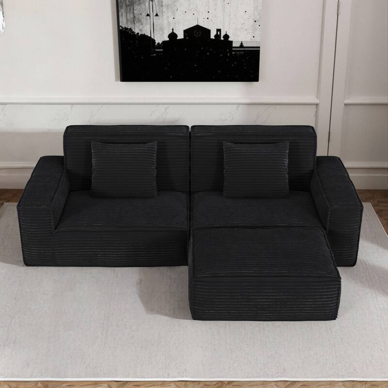 Anmytek Plush Modern Large Striped Fabric Vacuum Compressed Full Sponge High Rebound No-Assembly Sofa with Foot Pedal Black