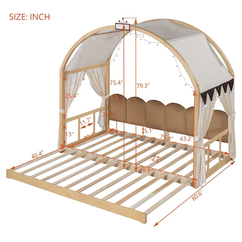 Wood Twin Size Bed Frame with Arched Roof, Floor Bed with Light and Curtain, Pull-out Kids Bed for Girls Boys Bedroom