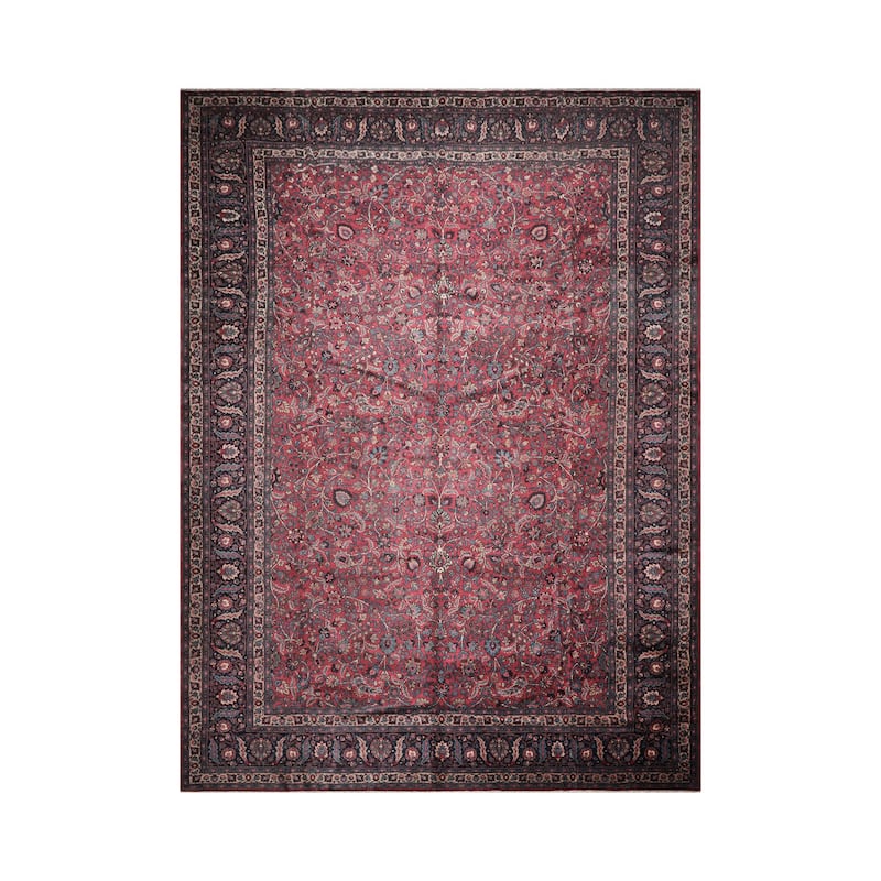 Hand Knotted Mashad Burgundy 100% Wool Traditional Oriental Area Rug - 12' 4'' x 16' 7''