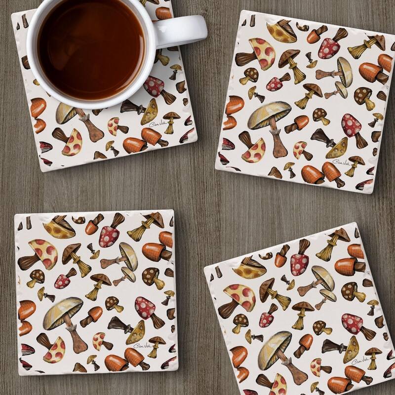 Mushroom Harvest 4-Pack Tumbled Tile Stone Coasters with Protective Cork Backing Manufactured in The USA