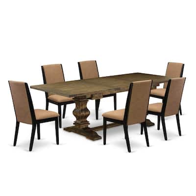 Hollywood Regency Dining Set - 7 Piece Wood Table & Chair Set - Black & Distressed Jacobean Finish - 92