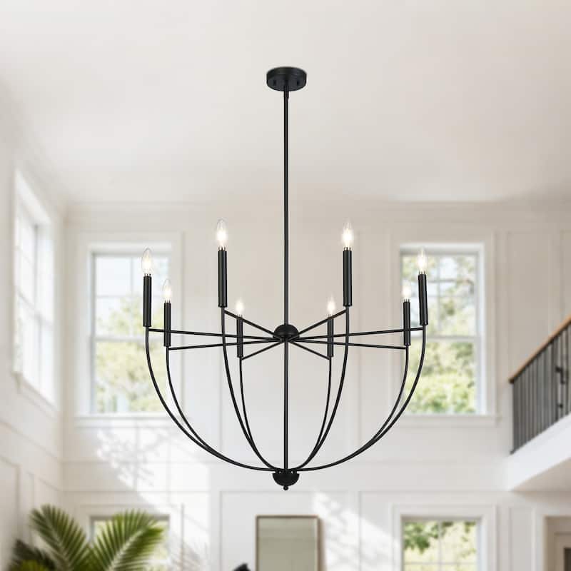 Modern 8-Light Matte Black Chandelier with Bowl-Shape for Dining Room - 35 " × 23.6 "