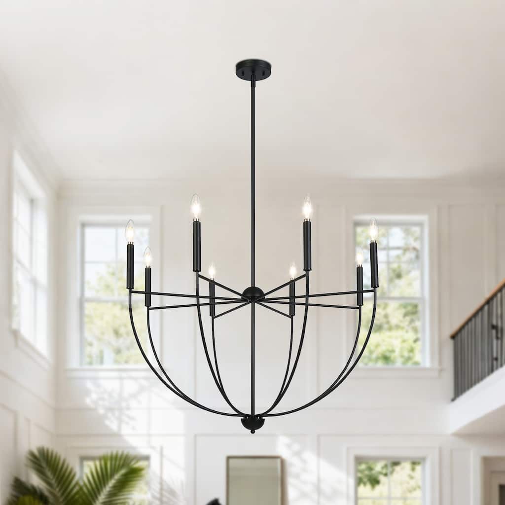 Modern 8-Light Matte Black Chandelier with Bowl-Shape for Dining Room - 35 " × 23.6 "