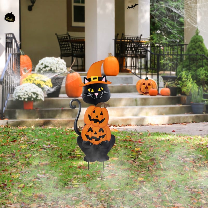 Glitzhome Halloween Metal Black Cat or Labrador in Pumpkin Yard Stake Wall Decor