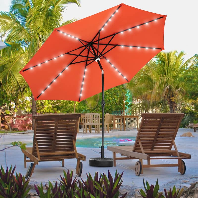 Ainfox 10ft Patio Umbrella with Lights Outdoor Solar Umbrella - Orange with Base