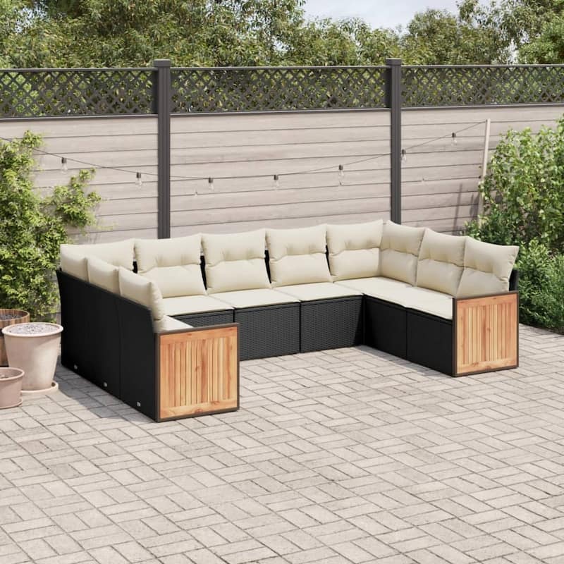 vidaXL Patio Sofa Set with Cushions Outdoor Conversation Furniture Poly Rattan - Black and cream without table - 24.4 x 24.4 x 27.2 in