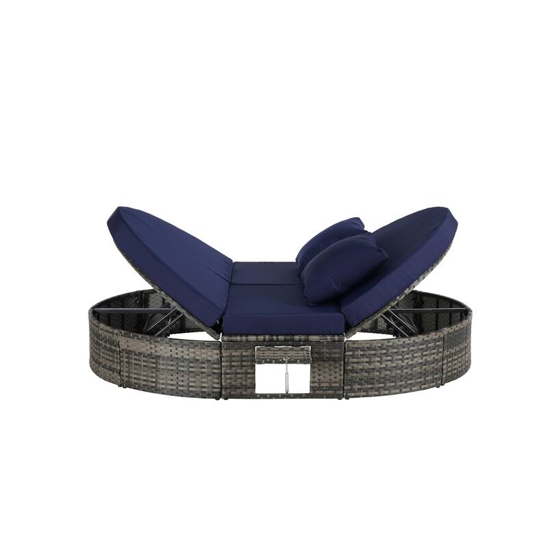 Outdoor Patio Rattan Round Daybed Sunbed with Adjustable Backrests and Foldable Cup Trays
