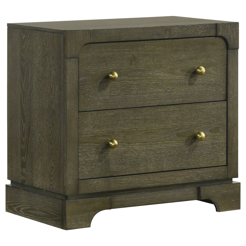 Dark Cocoa 2-Drawer Nightstand with Brass Knobs, Felt Lined Top Drawer, Cord Access and Solid Hardwood Build