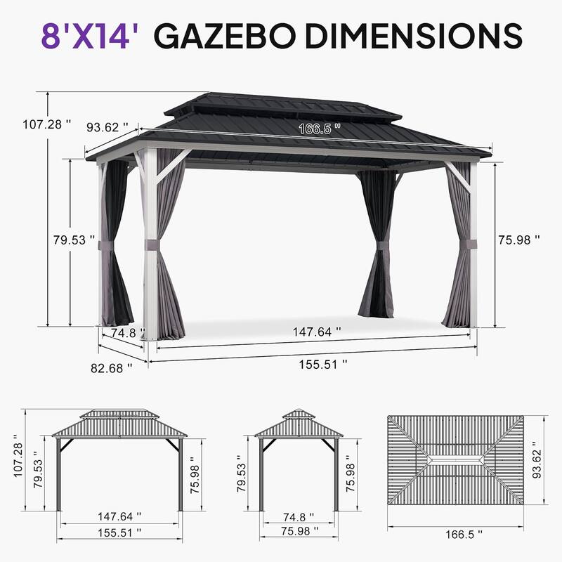 PURPLE LEAF Patio Hardtop Gazebo for Outdoor Grey Galvanized Steel Double Roof White Aluminum Poles