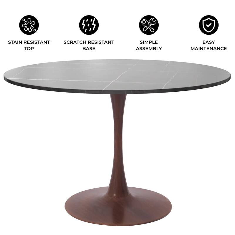 Bristol 40" Round Dining Table with Sintered Stone Top and Walnut Steel Pedestal Base for Modern Kitchen and Dining Room