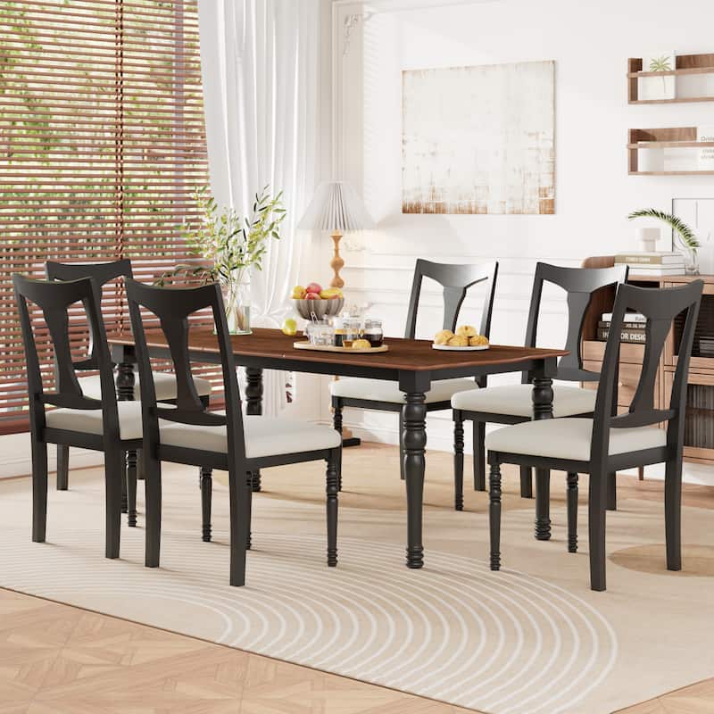 7-Piece Dining Table Set, 60inch To 78inch Extendable Wood Dining Table With Removable Leaf,6 Upholstered Side Chair - Black+Brown