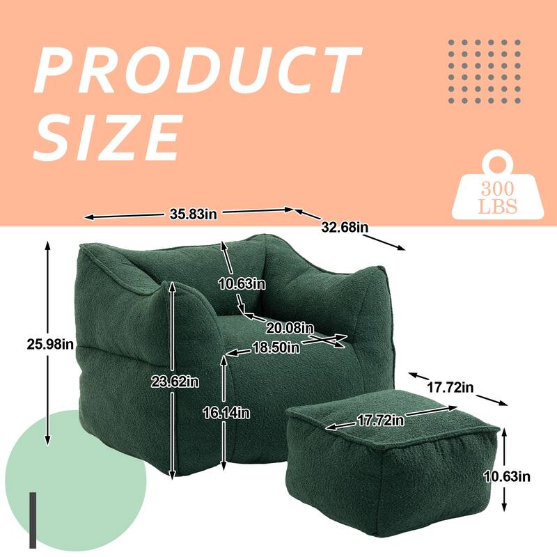 Boucle Upholstered Deep Seat Armless Square Bean Bag Chair with Ottoman