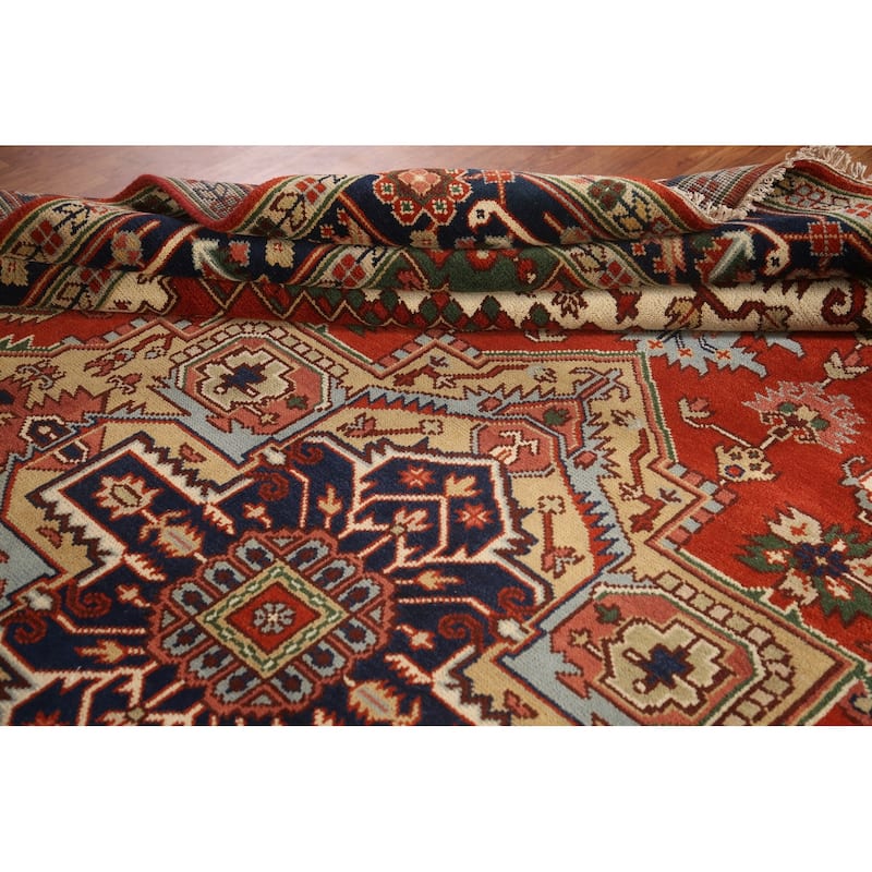 Orange Geometric Heriz Serapi Area Rug Handmade Oriental Wool Carpet - 9'0"x 11'8"