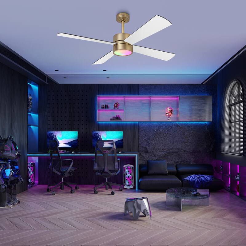 52" Black/ Distressed Brass Dimmable RGB Smart Ceiling Fan with Light and Remote, App Control