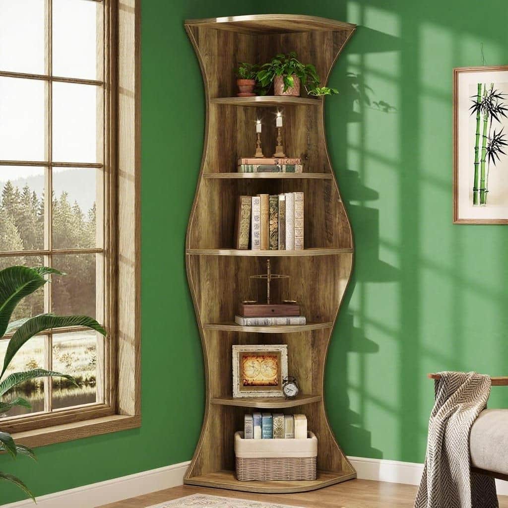 73 Inch Farmhouse Corner Bookshelf with Vase Shaped Design 6 Tier Freestanding Display Rack for Small Spaces