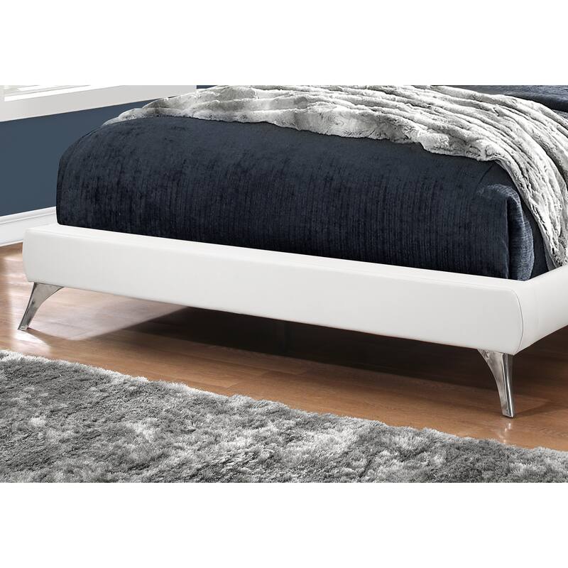Queen Upholstered Platform Bed in White PU Leather with Chrome Legs and Modern Low Profile Design