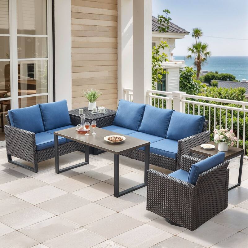 Gymojoy 6 Person Outdoor Patio Wicker Conversation Set Group With Swivel Chairs