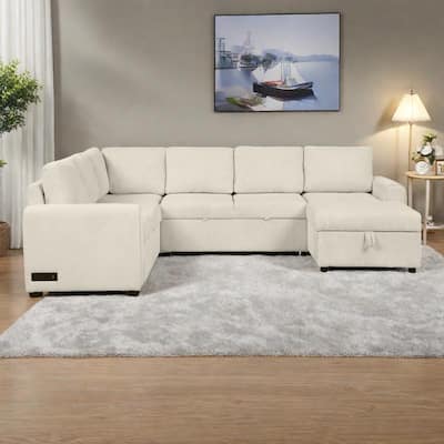 107.5" U-Shaped Corduroy Sectional Sofa with Pull-Out Bed, Storage Chaise, USB Ports and Power Sockets (5-Seater)