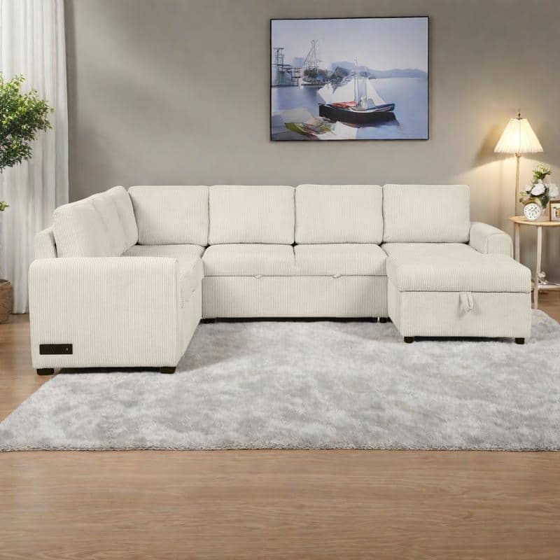 107.5" U-Shaped Corduroy Sectional Sofa with Pull-Out Bed, Storage Chaise, USB Ports and Power Sockets (5-Seater)