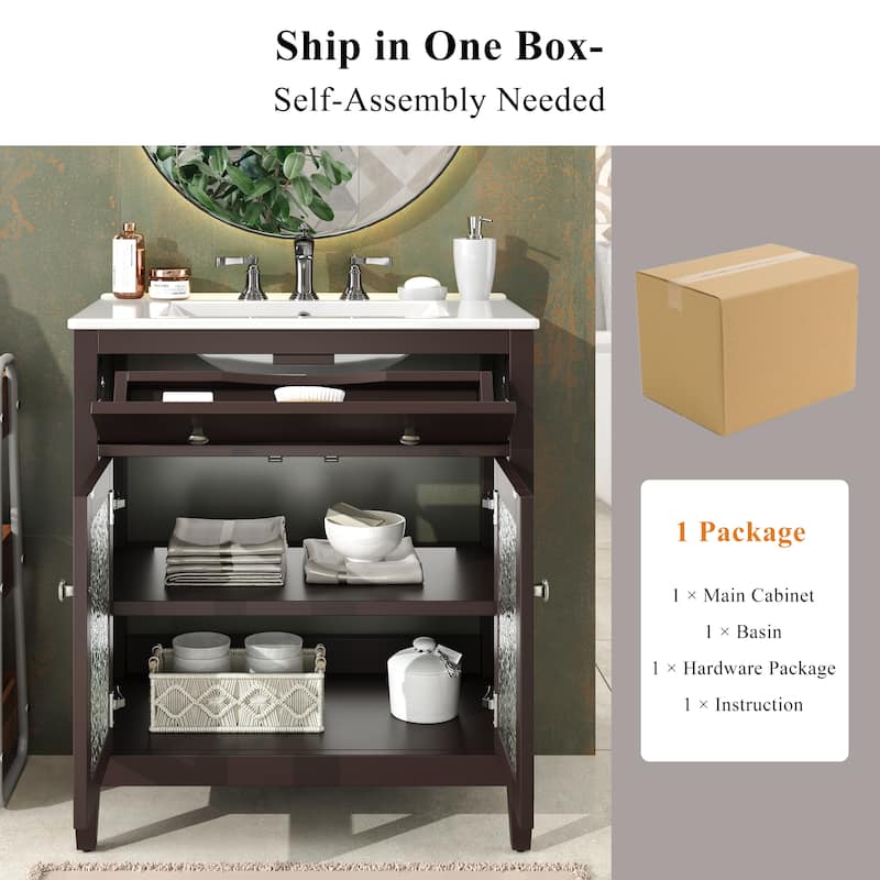 30" Modern Bathroom Vanity Set with Ceramic Sink - Adjustable Shelf & Tip-Out Tray, Soft-Close Hinges, Silver Knobs