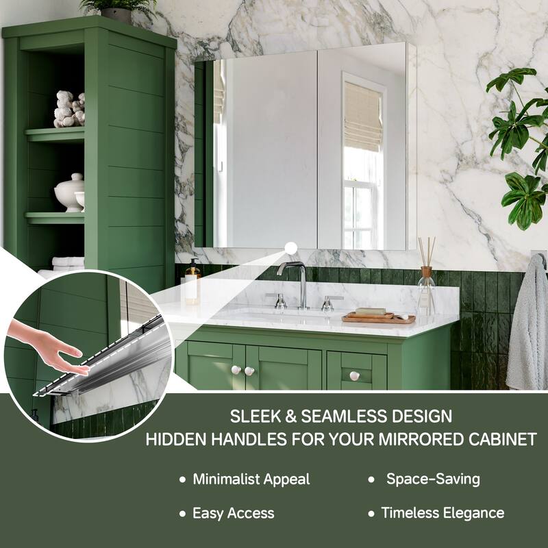 36x30 in Mirrored Medicine Cabinet, Dual-Swing, Tri-View, Copper-Free, Blum Soft-Close, Recessed/Surface, Chrome Aluminum