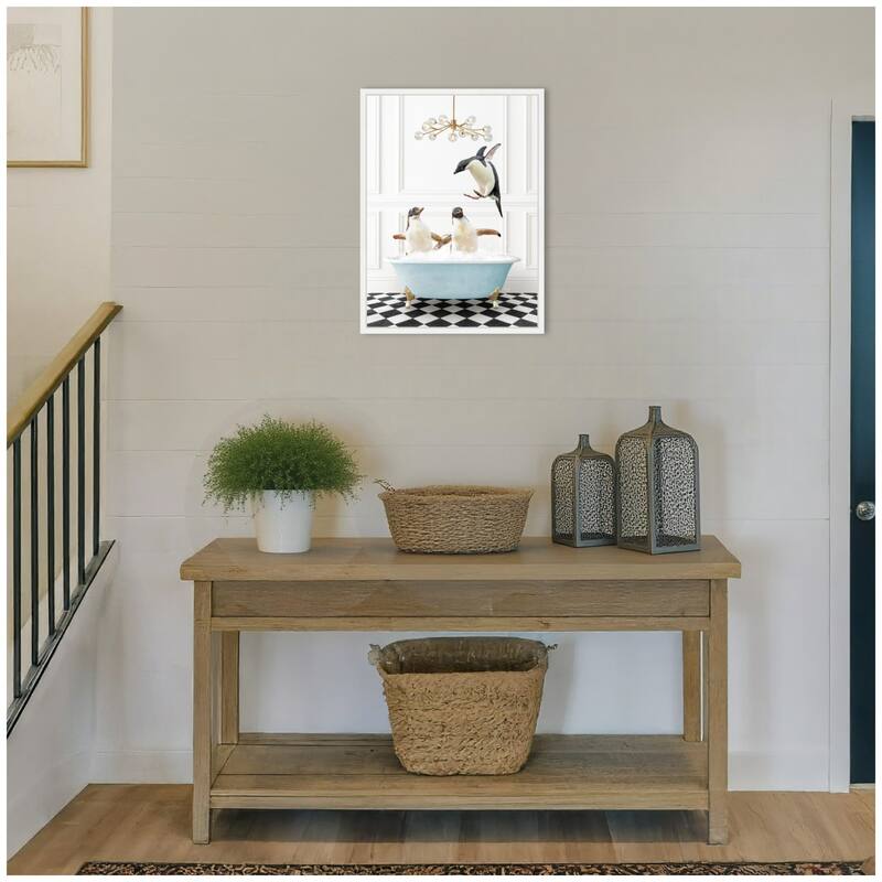Kate and Laurel Sylvie Penguins in Blue Bathtub on Checker Floor Framed Canvas by Amy Peterson
