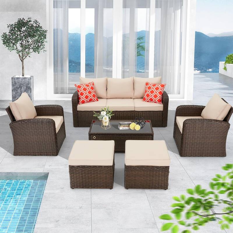 6-Piece Rattan Patio Set with Fire Pit Table, Outdoor Conversation Set with Cushions, Weather-Resistant Sofa Sectional