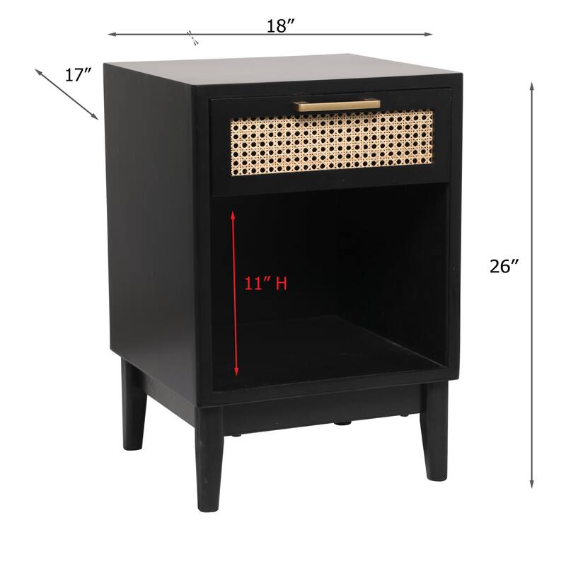 Sierra 26" Height Black and Natural Cane 1-Drawer Modern Nightstand