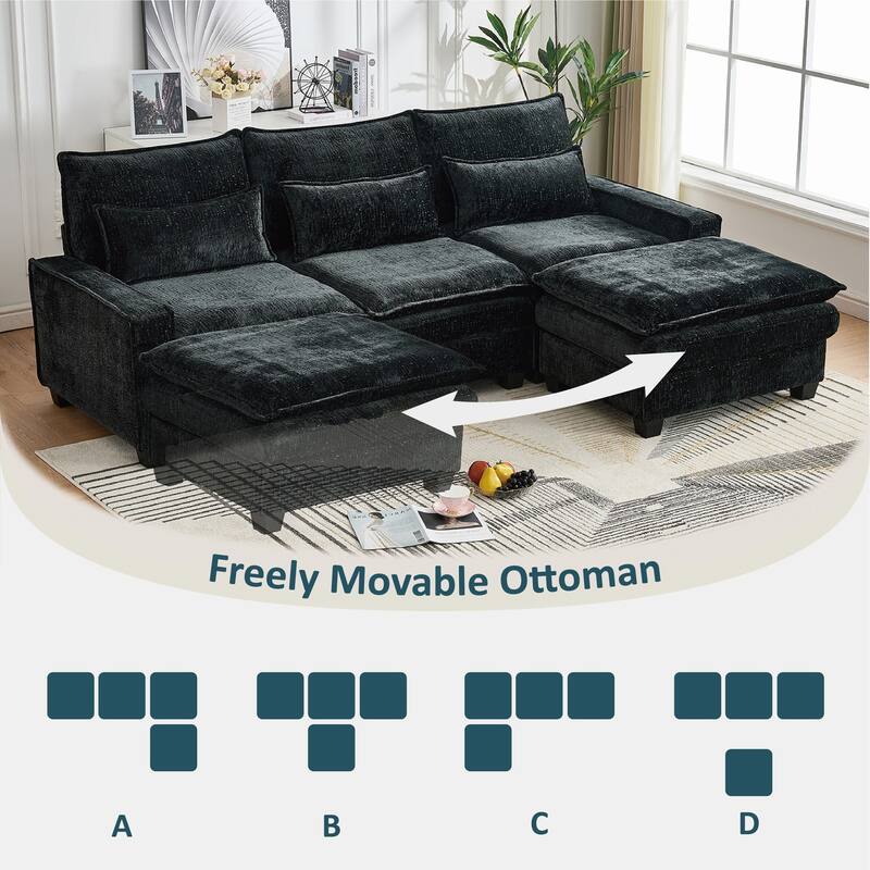 Cloud Chenille L-shaped Sectional Sofa, Deep Seat Couch with Thick Cushions, Movable Ottoman and Waist Pillows for Living Room