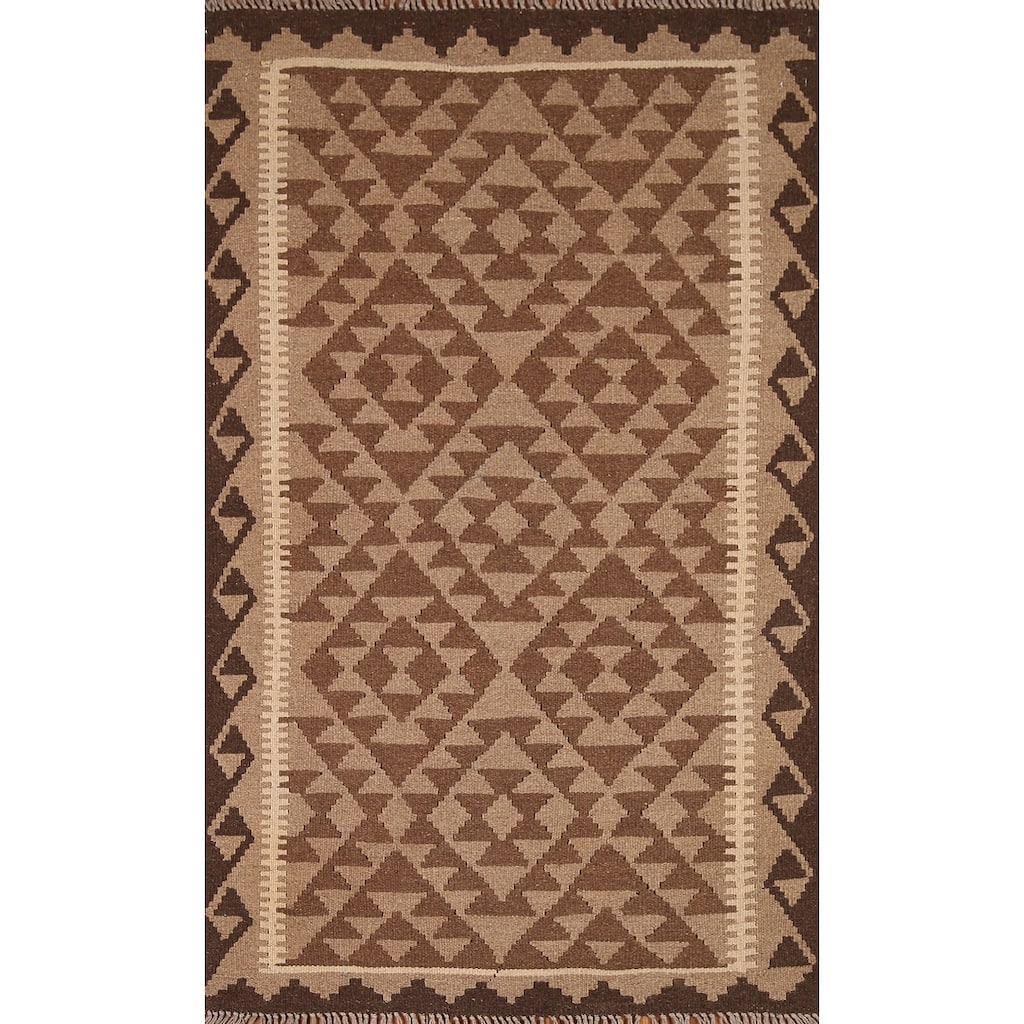 Brown Kilim Rug Hand-woven Geometric Wool Foyer Carpet - 3'2" x 5'2"