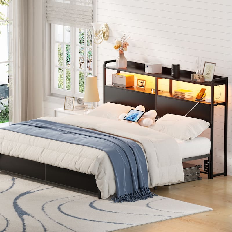 Headboard with Storage Drawers and LED Light, Head Board with Outlets, USB Ports