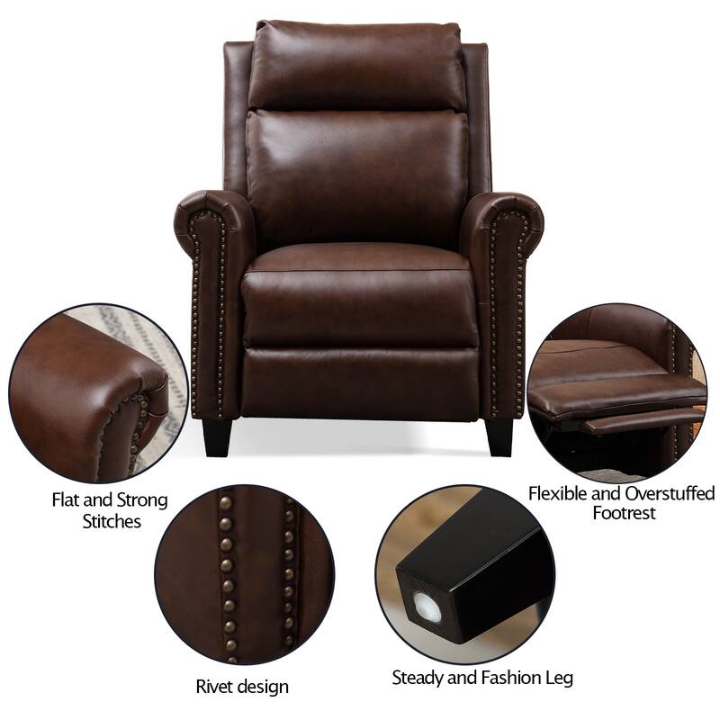 Genuine Leather Manual Recliner, Modern Rivet Decoration Sofa Chair with Round Armrests for